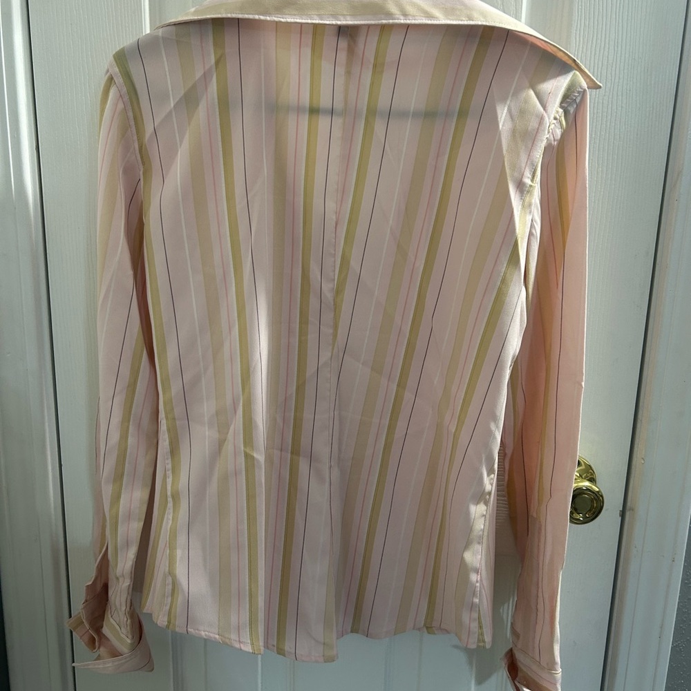 Finity pink, yellow & beige striped long sleeve blouse with a wide collar - Picture 2 of 5